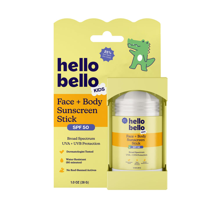Hello Bello front packaging showing compact SPF 50 stick for easy protection