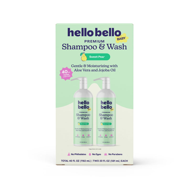 Hello Bello front packaging showing Sweet Pear bottles and calming design benefits gentle cleansing