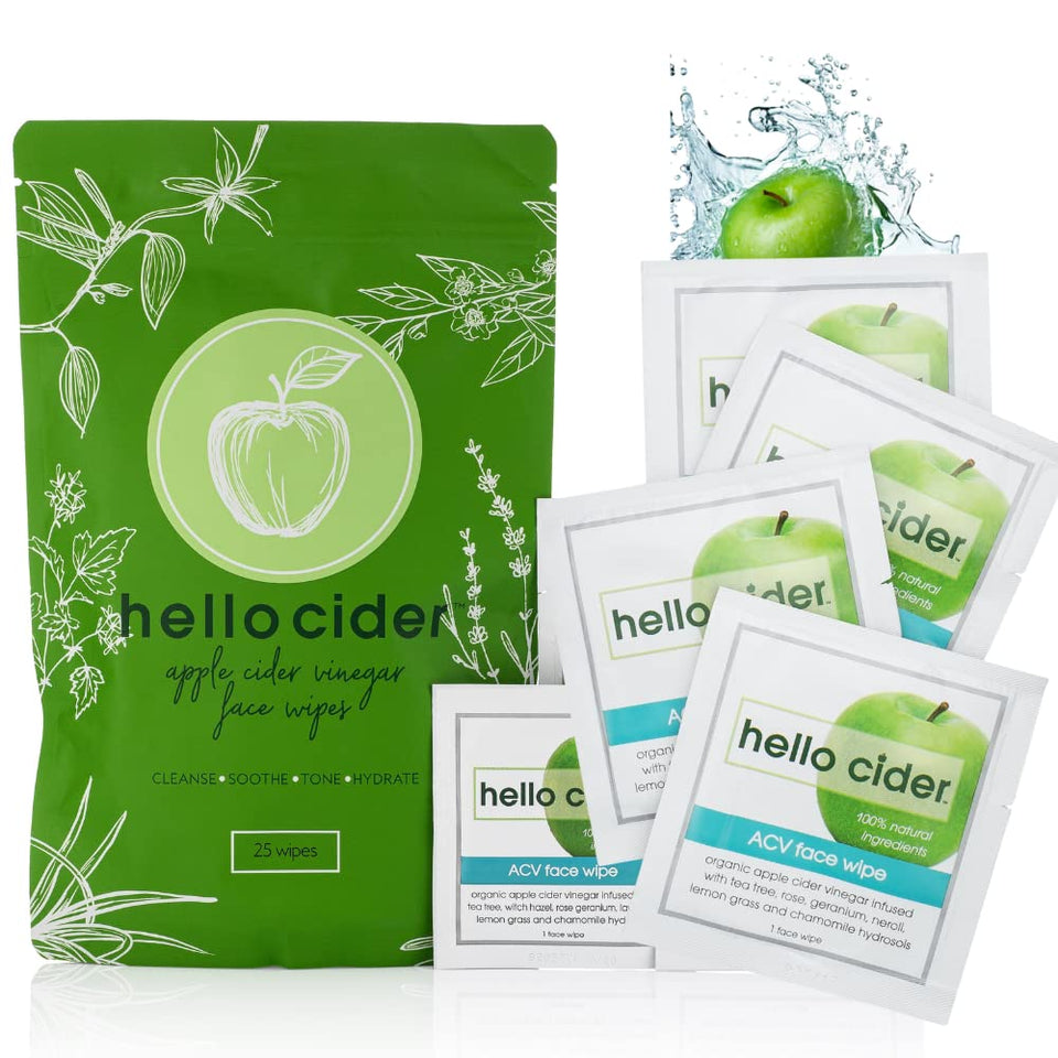 Hello Cider front packaging showing organic ACV acne wipes benefits