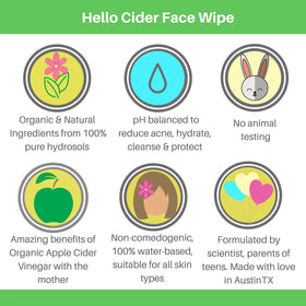 Hello Cider ingredients display with ACV and hydrosols highlighting natural blend