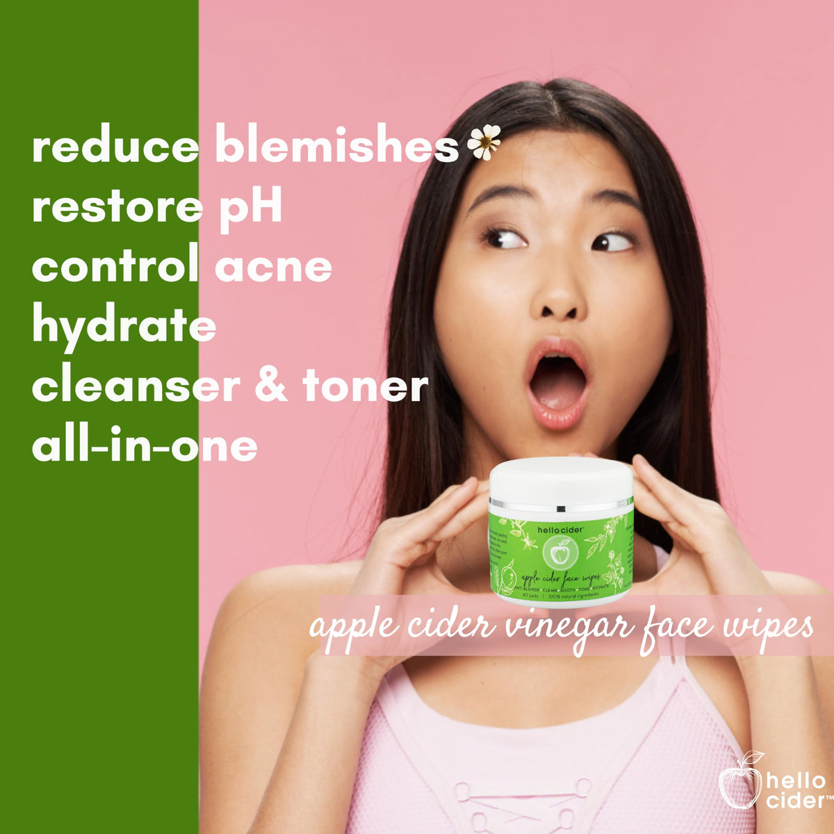 Hello Cider open jar with visible soaked pads, highlights ready‑to‑use benefit