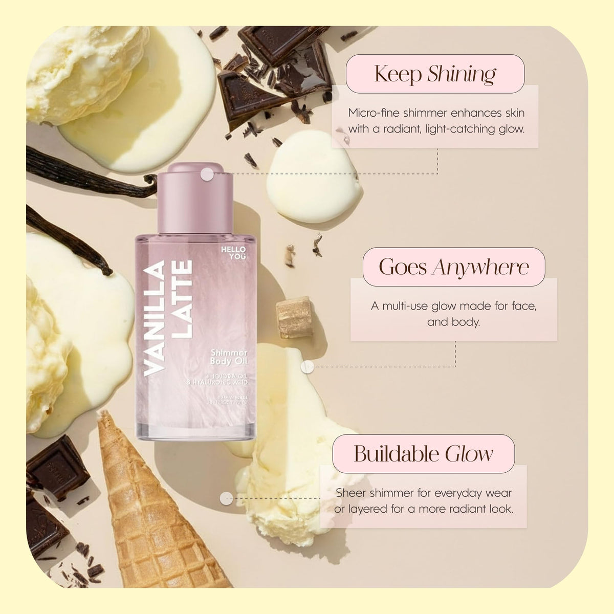 Hello You with vanilla latte props conveying warm scent and cozy mood