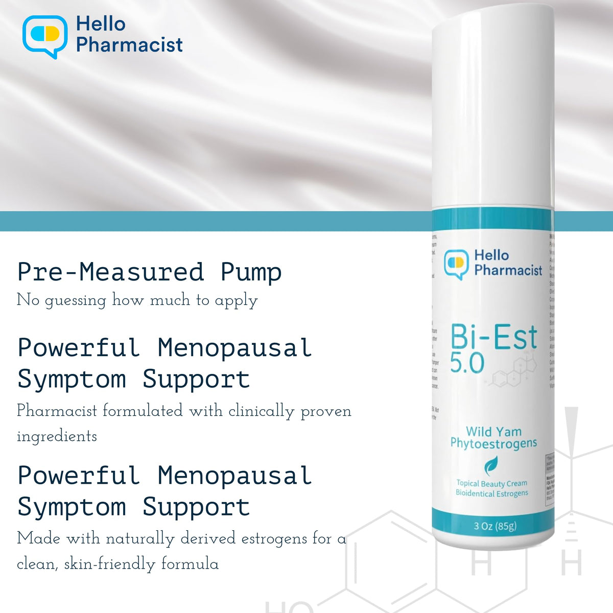 HelloPharmacist jar beside wild yam and hyaluronic components for ingredient clarity