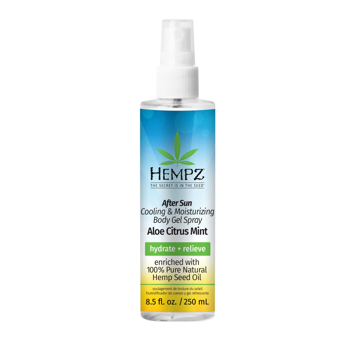 Hempz front packaging showing 8.5 oz bottle and citrus-mint label benefits