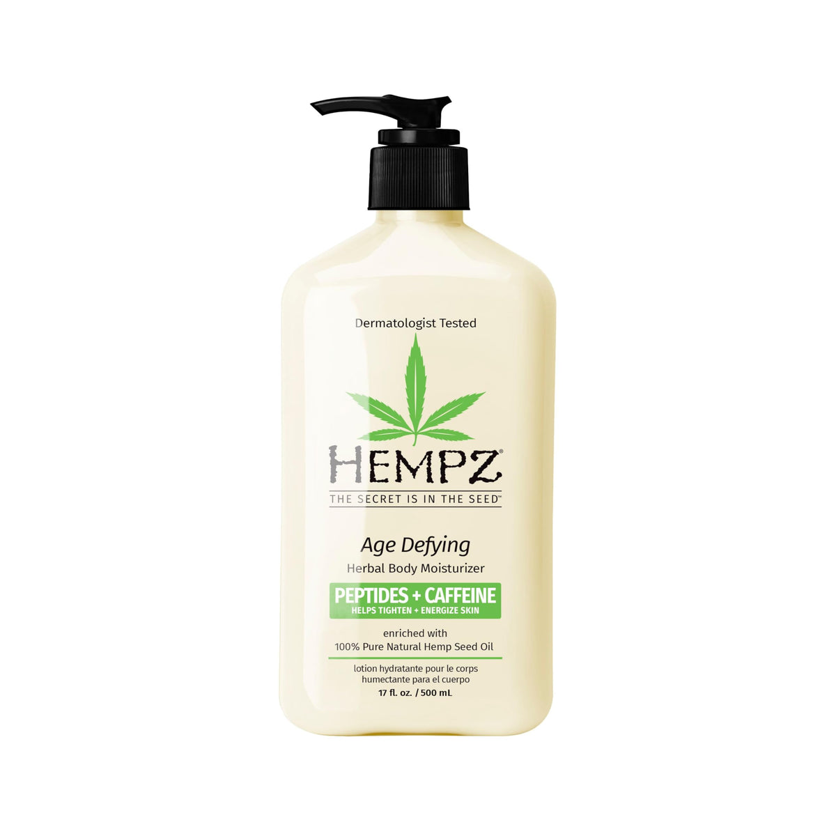 Hempz front packaging showing 17 oz bottle and clear branding for hydration benefit