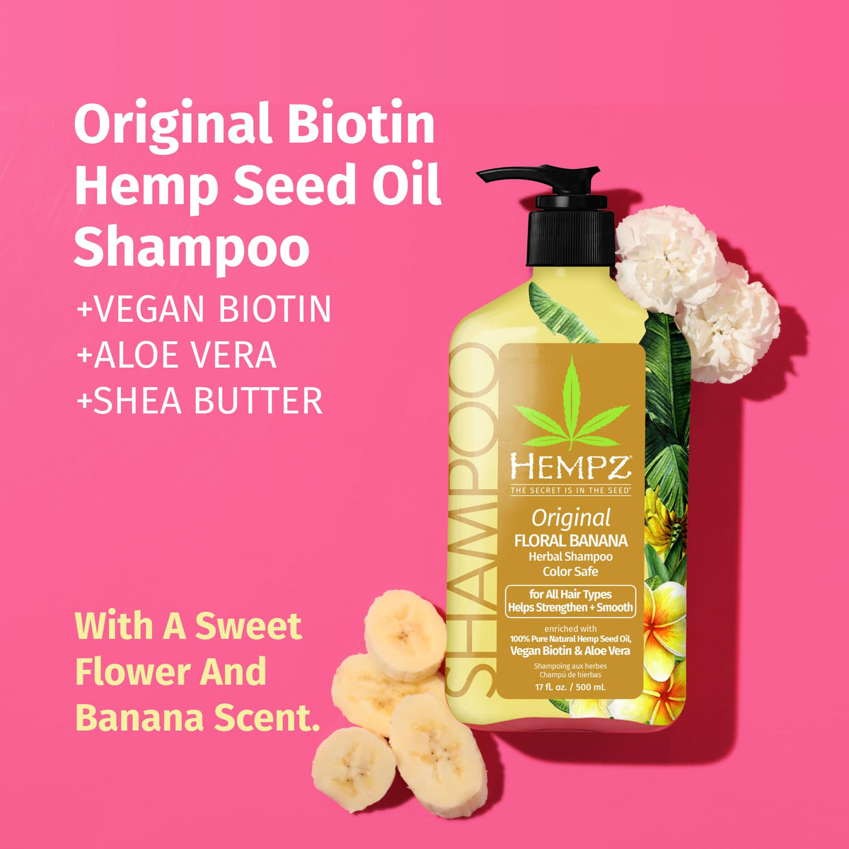 Hempz label close-up highlighting biotin and color-safe benefits