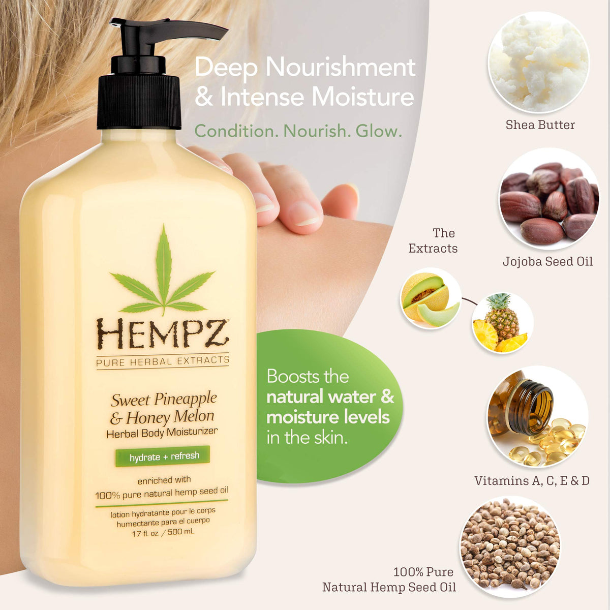 Hempz close-up of pump and label for easy dispensing benefit