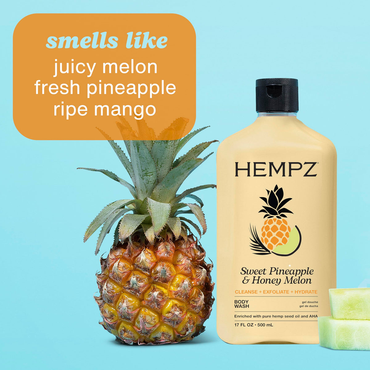 Hempz bottle in shower lifestyle scene demonstrating hydrating use and refreshing scent benefit