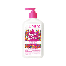 Hempz front label showing Buttercream Vanilla Cake scent and benefits