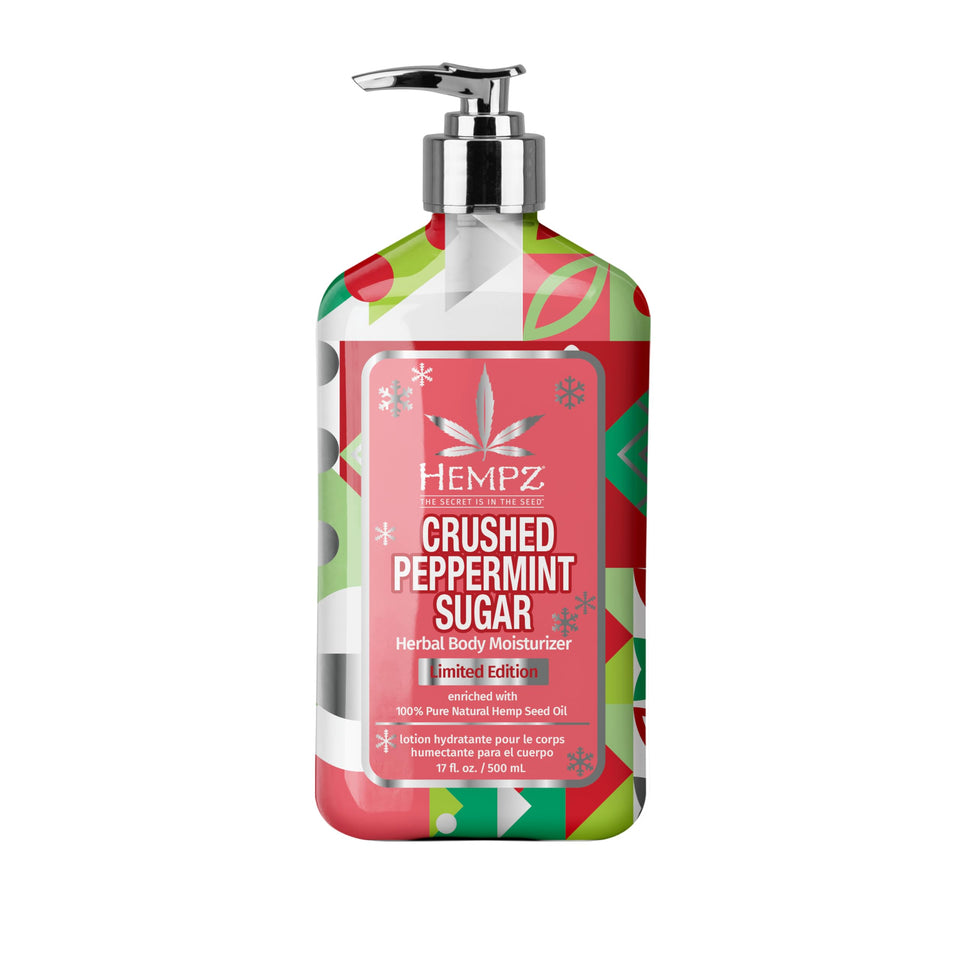 Hempz front packaging showing 17 oz bottle and holiday peppermint scent benefits