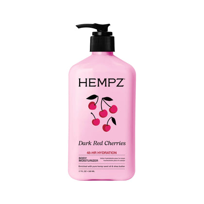 Hempz bottle front label showing Dark Red Cherries scent and 17 oz size for clear choice