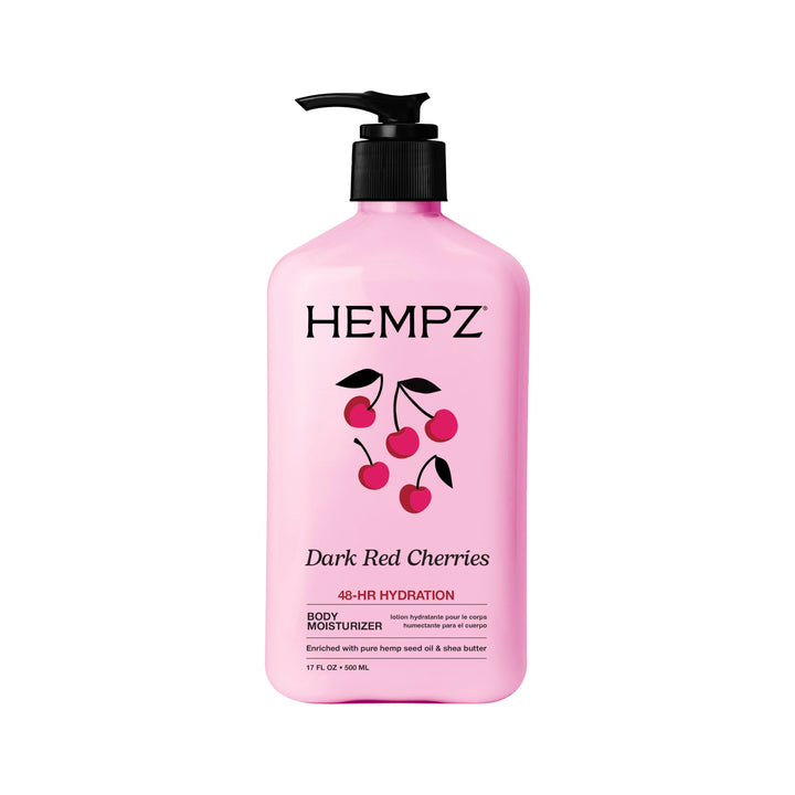 Hempz bottle front label showing Dark Red Cherries scent and 17 oz size for clear choice