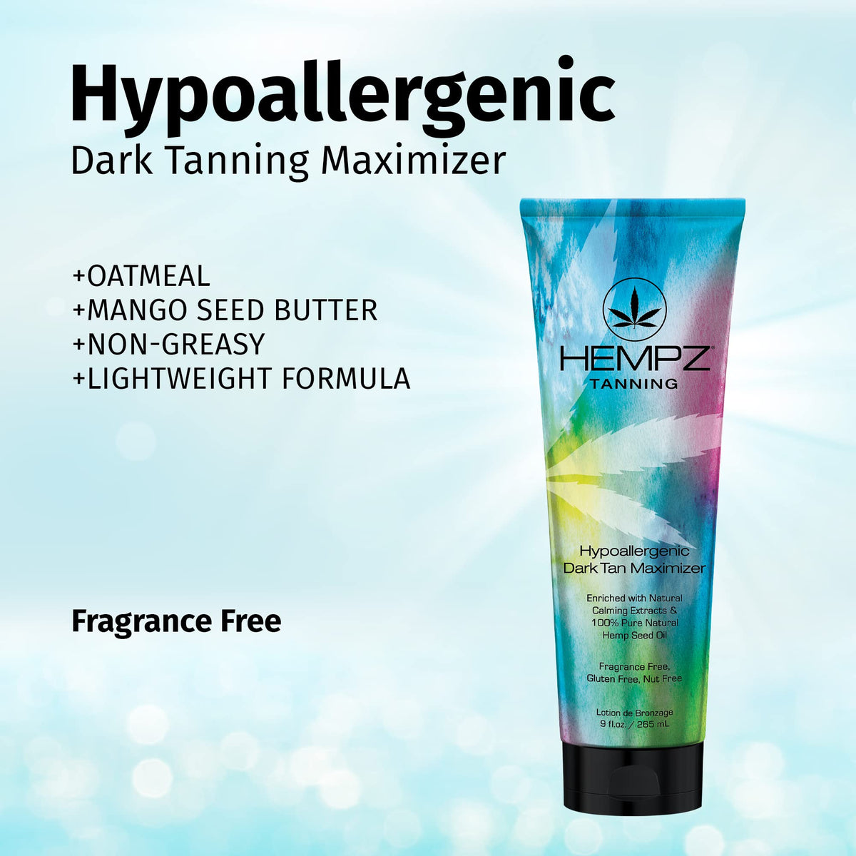 Hempz label close-up highlighting hypoallergenic formula benefits