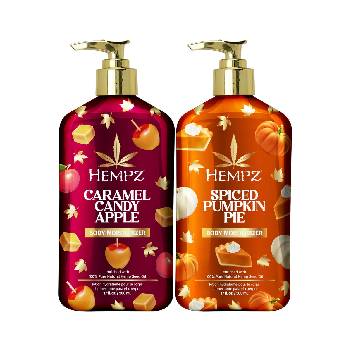Hempz two-bottle 17oz fall lotion pack showing labels and seasonal scents benefit hydration
