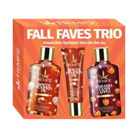 Hempz front packaging of fall trio showing bottles and lip balm, great gift