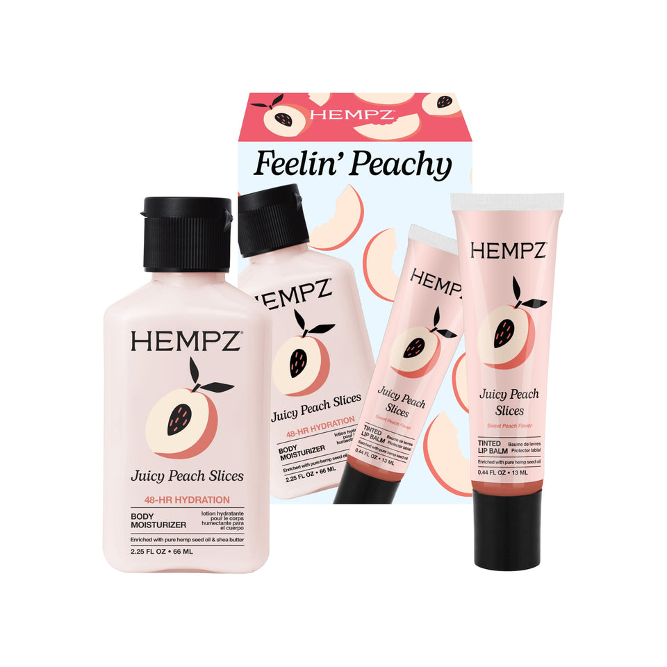 Hempz Feelin' Peachy front packaging showing both lotion and tinted lip balm for travel hydration