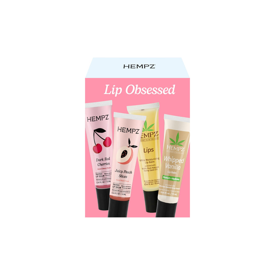 Hempz four-pack front view showing all four lip balm tubes and packaging for easy gifting