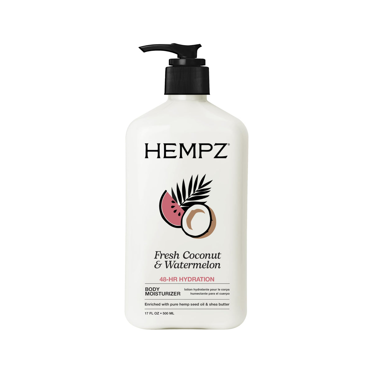 Hempz front bottle of Fresh Coconut & Watermelon body lotion showing brand and scent benefits