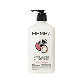 Hempz front bottle of Fresh Coconut & Watermelon body lotion showing brand and scent benefits