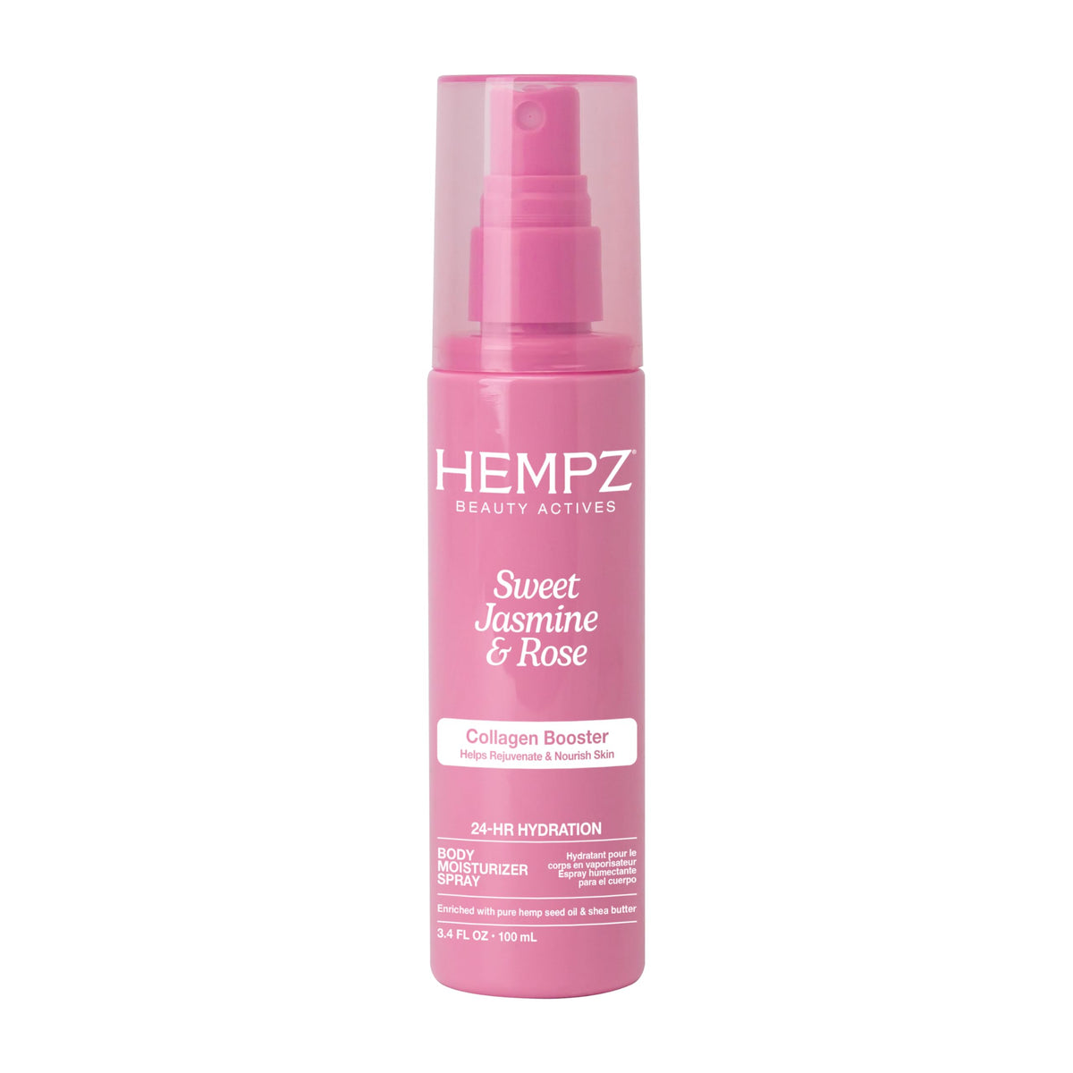 Hempz front bottle showing Sweet Jasmine & Rose scent and travel-ready benefit