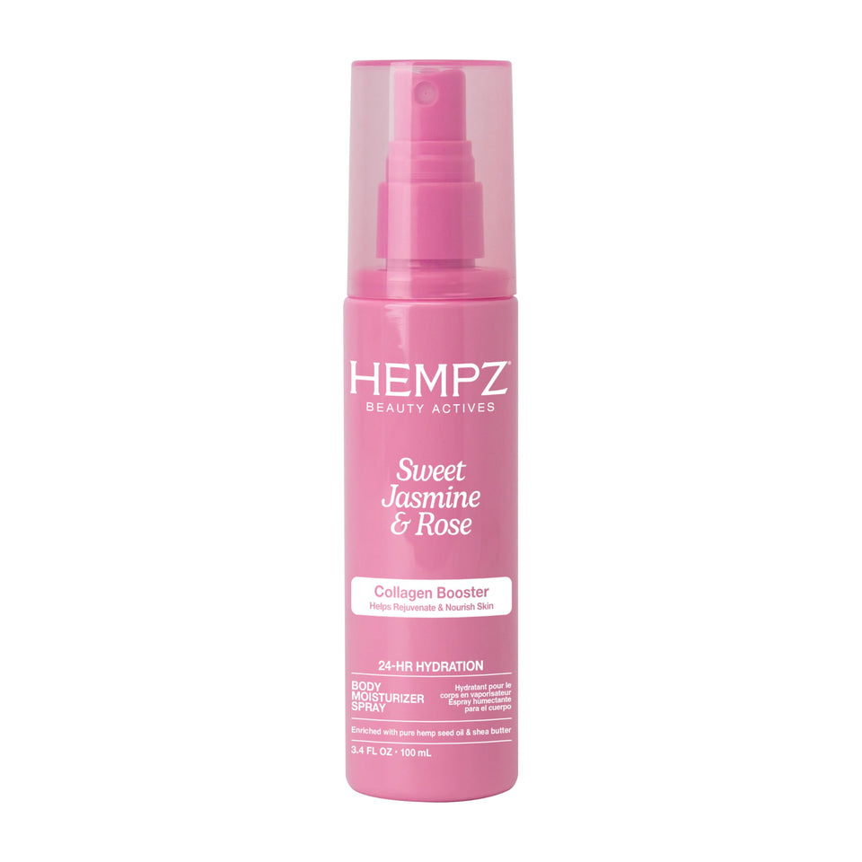 Hempz front bottle showing Sweet Jasmine & Rose scent and travel-ready benefit