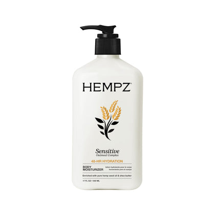 Hempz front packaging of sensitive skin 17oz bottle showing clean label and size benefit