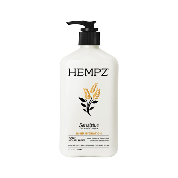 Hempz front packaging of sensitive skin 17oz bottle showing clean label and size benefit