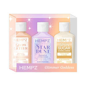 Hempz front packaging showing three mini shimmer moisturizers and sparkling gift box for easy gifting