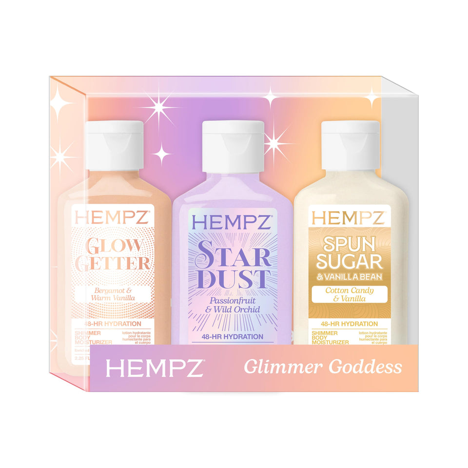 Hempz front packaging showing three mini shimmer moisturizers and sparkling gift box for easy gifting