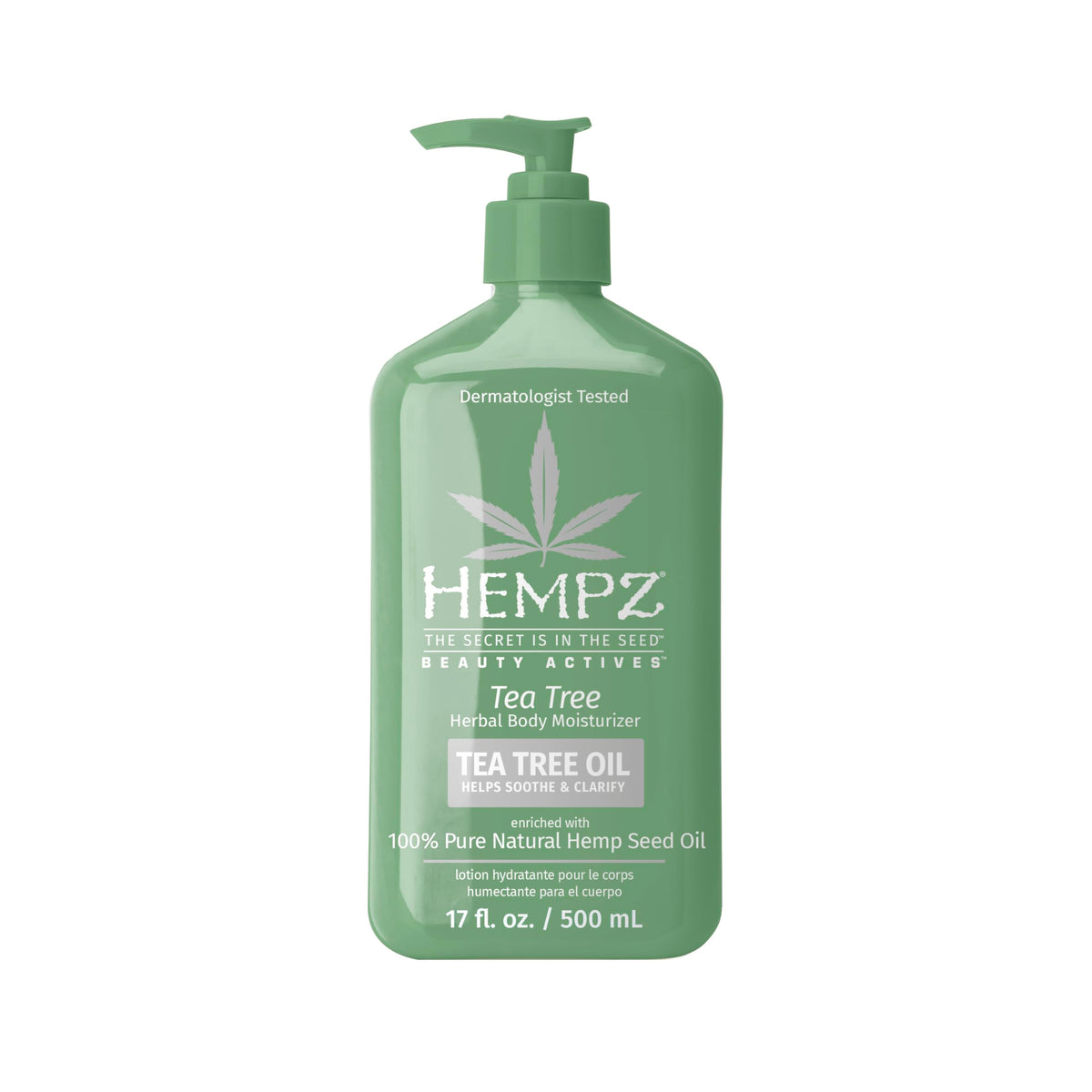 Hempz front packaging 17 oz bottle shows label and size for clear identification and confidence