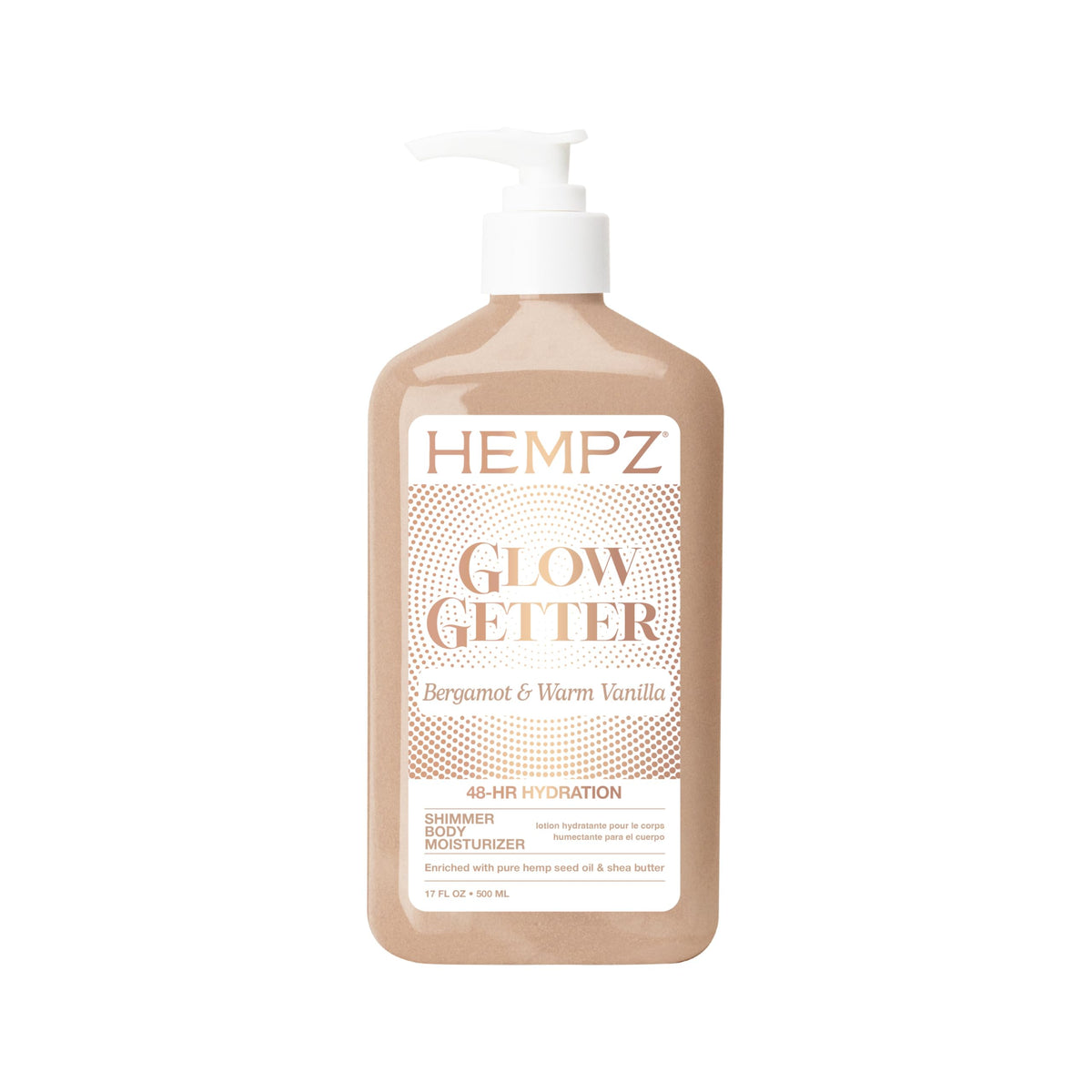 Hempz front bottle view showing label and shimmer benefits