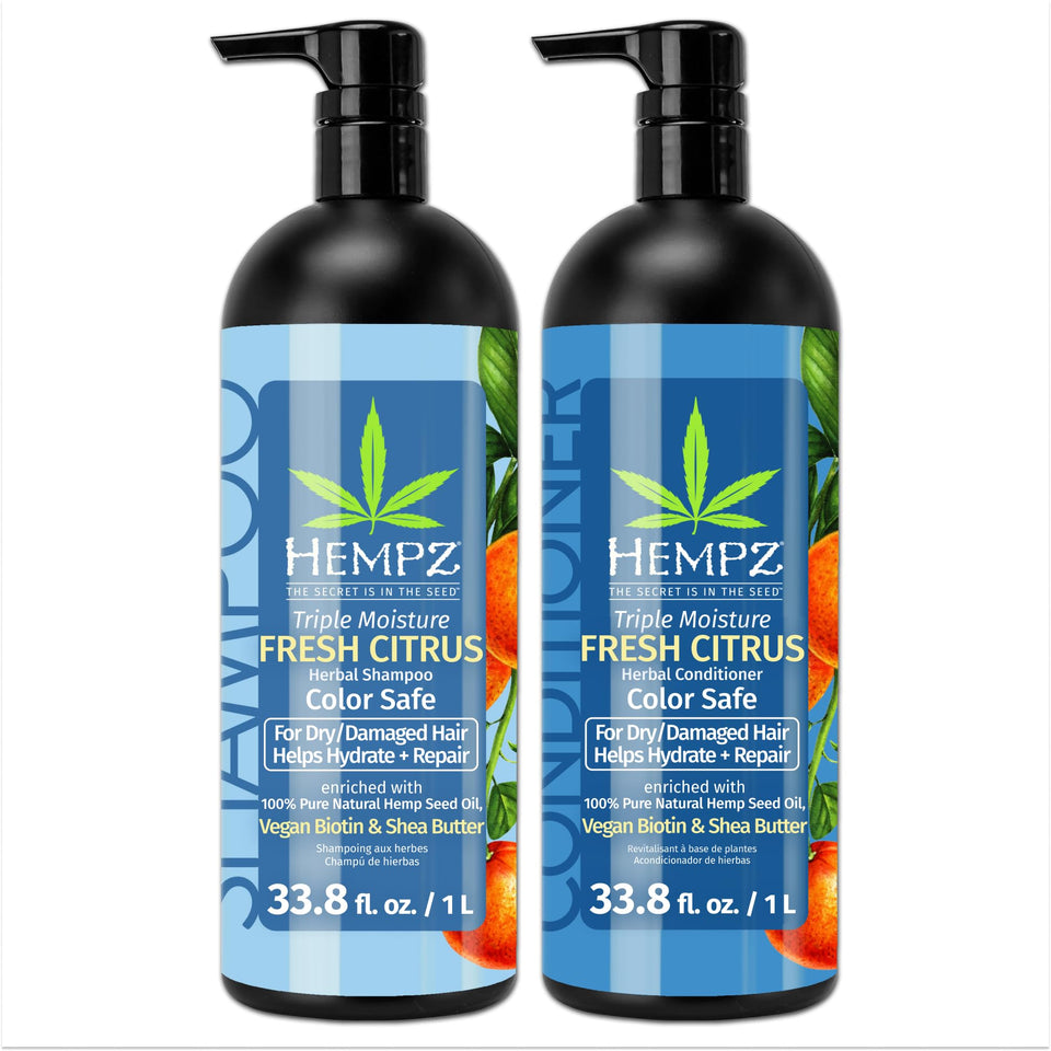 Hempz front packaging of grapefruit peach shampoo and conditioner showing full-size bottles