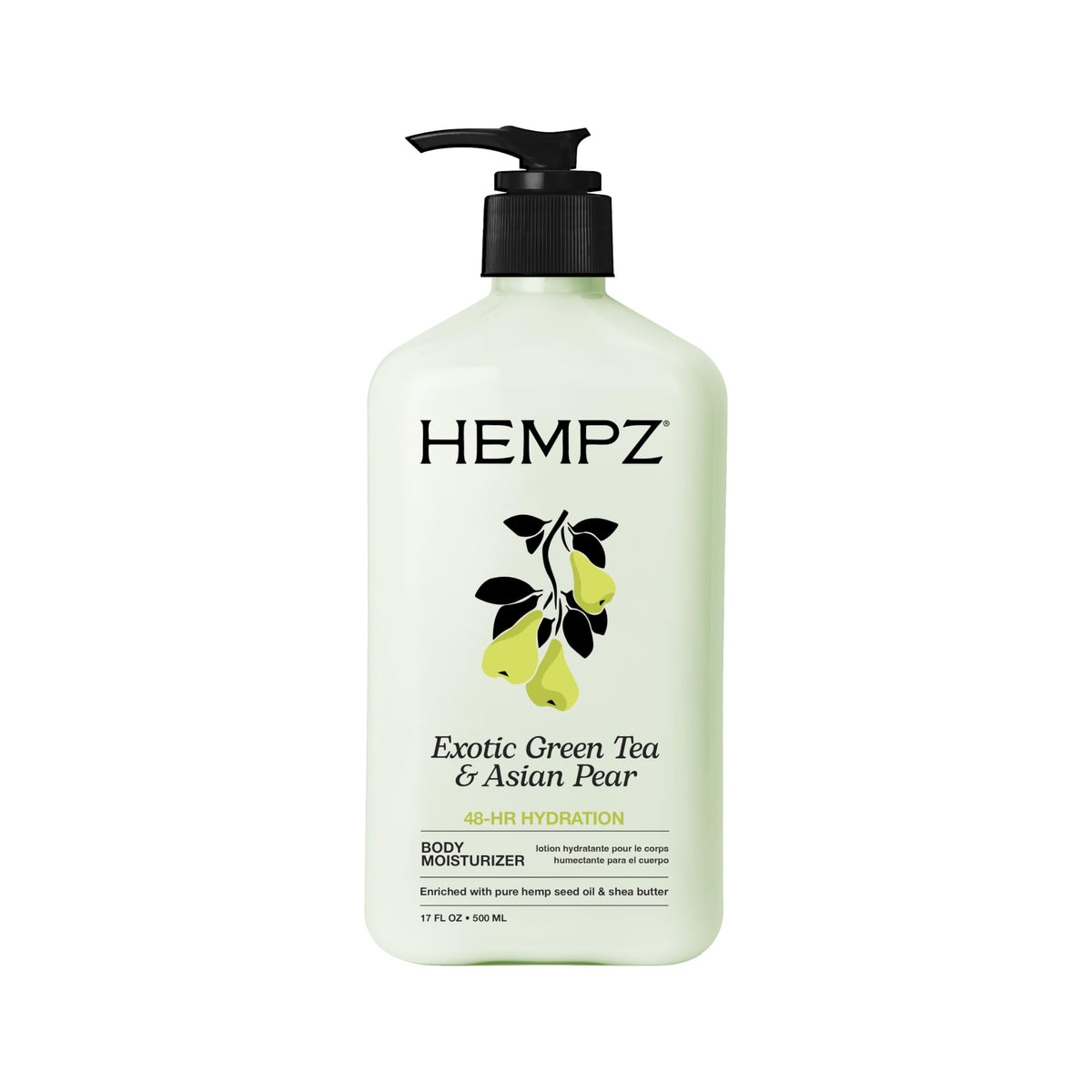 Hempz front label showing green tea and Asian pear benefits