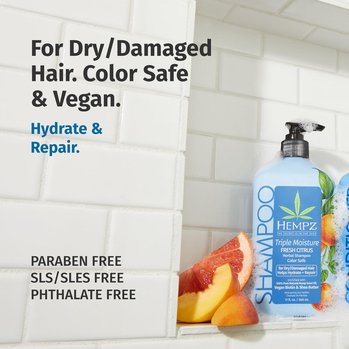 Hempz shampoo in shower with lather demonstrating gentle cleansing benefit