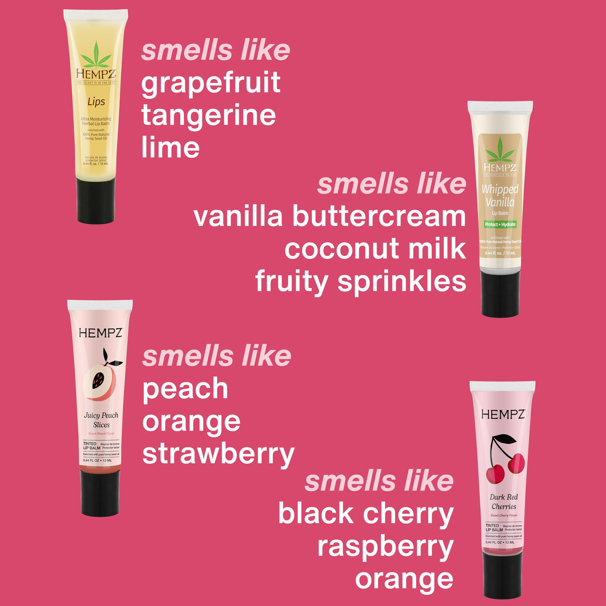 Hempz tinted balm applied on lips demonstrating Juicy Peach glow and smooth finish