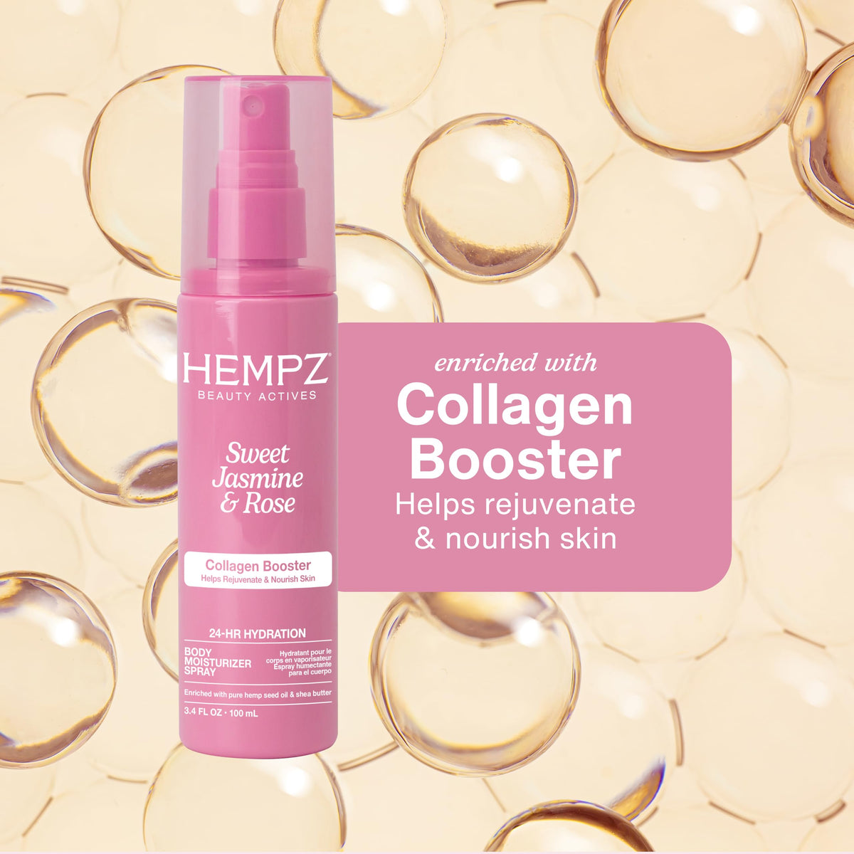 Ingredient collage with hemp seed oil, shea, hyaluronic acid showing nourishing benefits