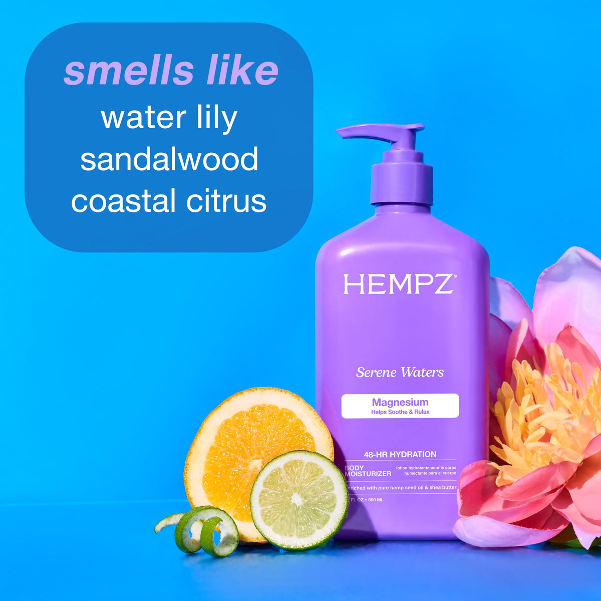 Hempz ingredient label detail highlighting hemp seed oil, magnesium and arnica benefits