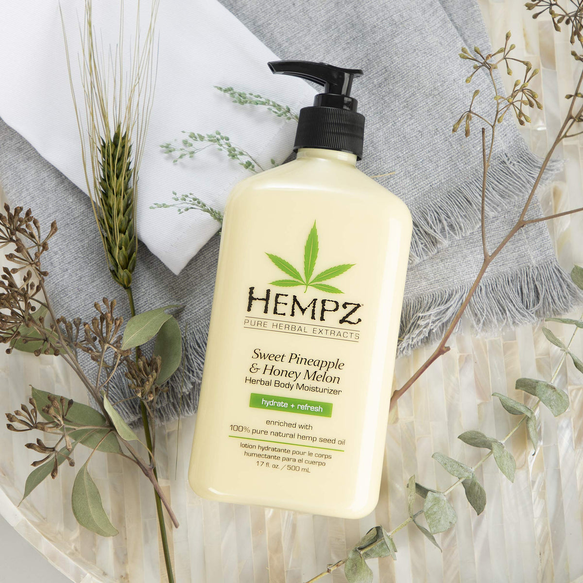 Hempz ingredients display with jojoba and shea delivering nourishment