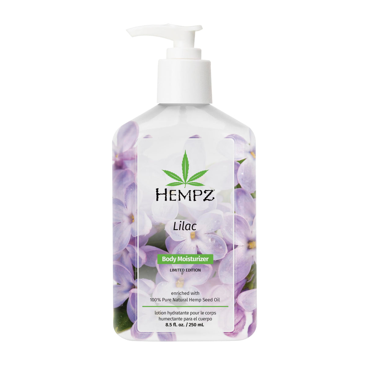 Hempz front packaging of lilac lotion showing bottle and cap, attractive gift look