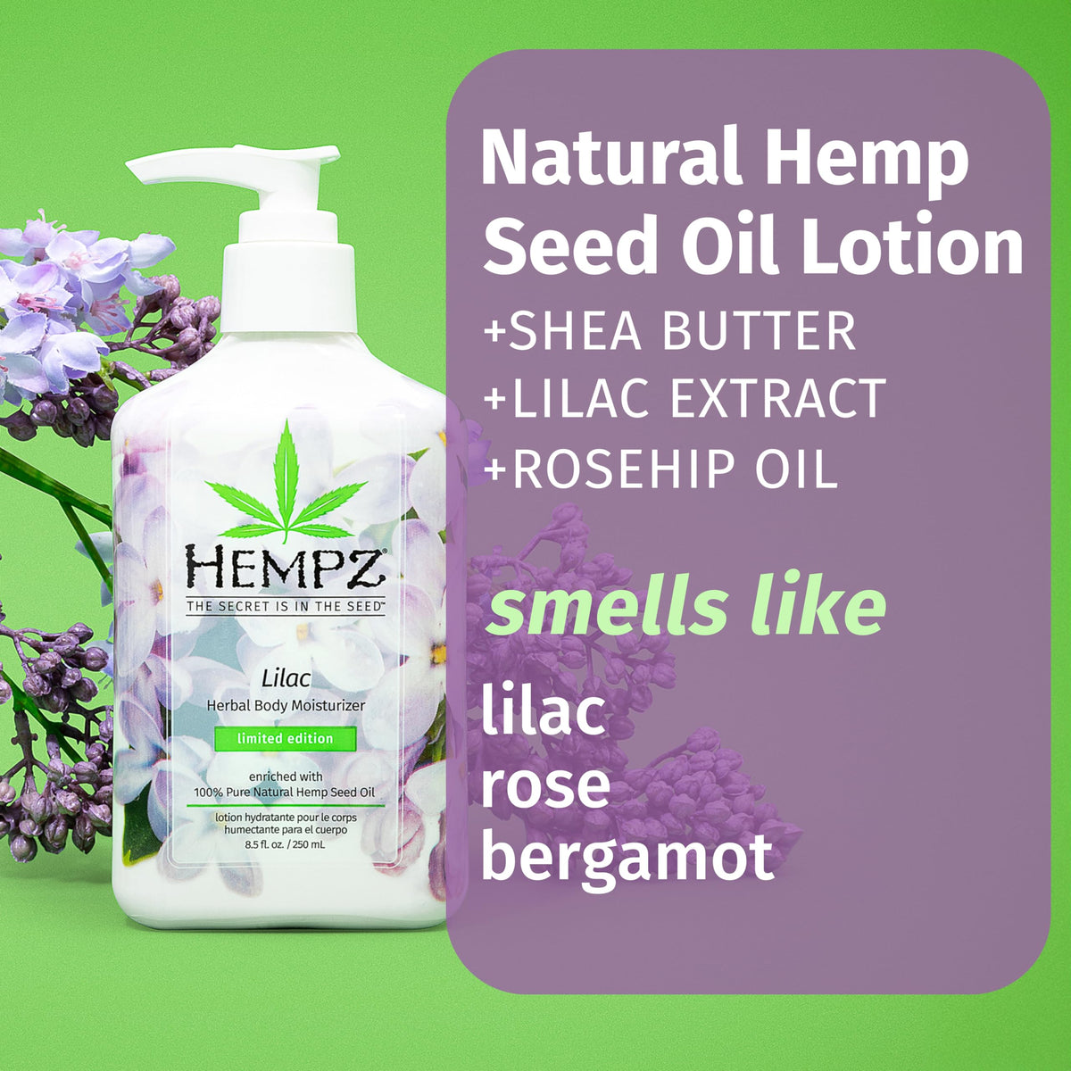 Hempz label listing hemp seed oil and botanical extracts, ingredient transparency