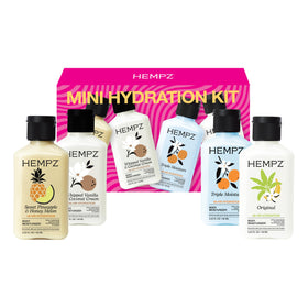 Hempz mini kit group shot showing four travel lotions for convenient hydration