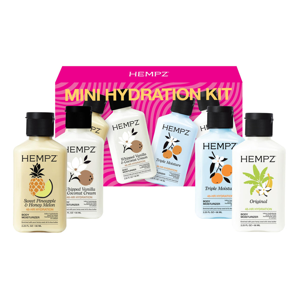 Hempz mini kit group shot showing four travel lotions for convenient hydration