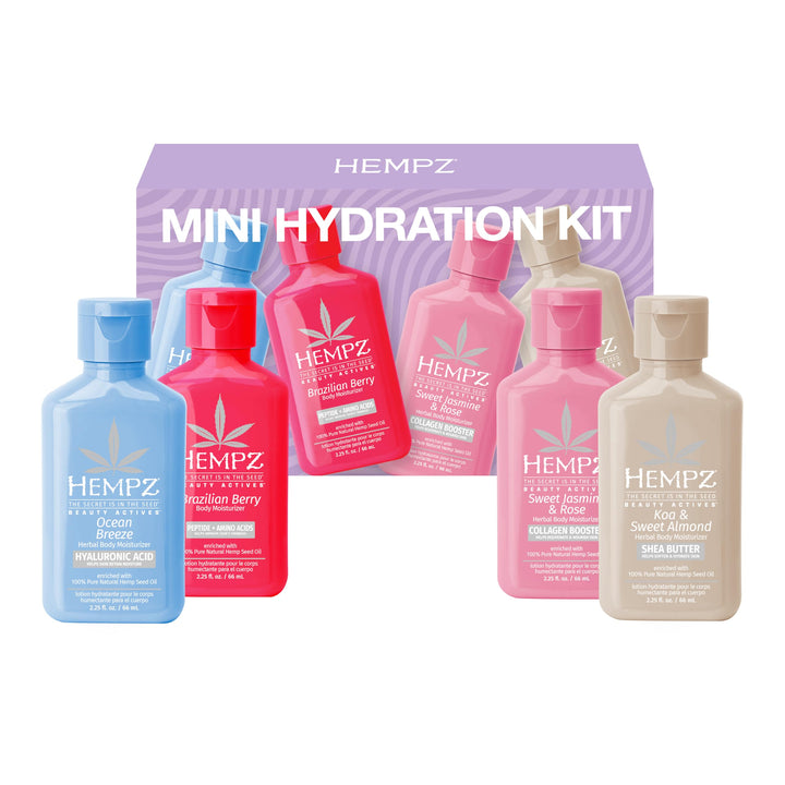Hempz mini set front packaging showing four 2.25 oz bottles and variety