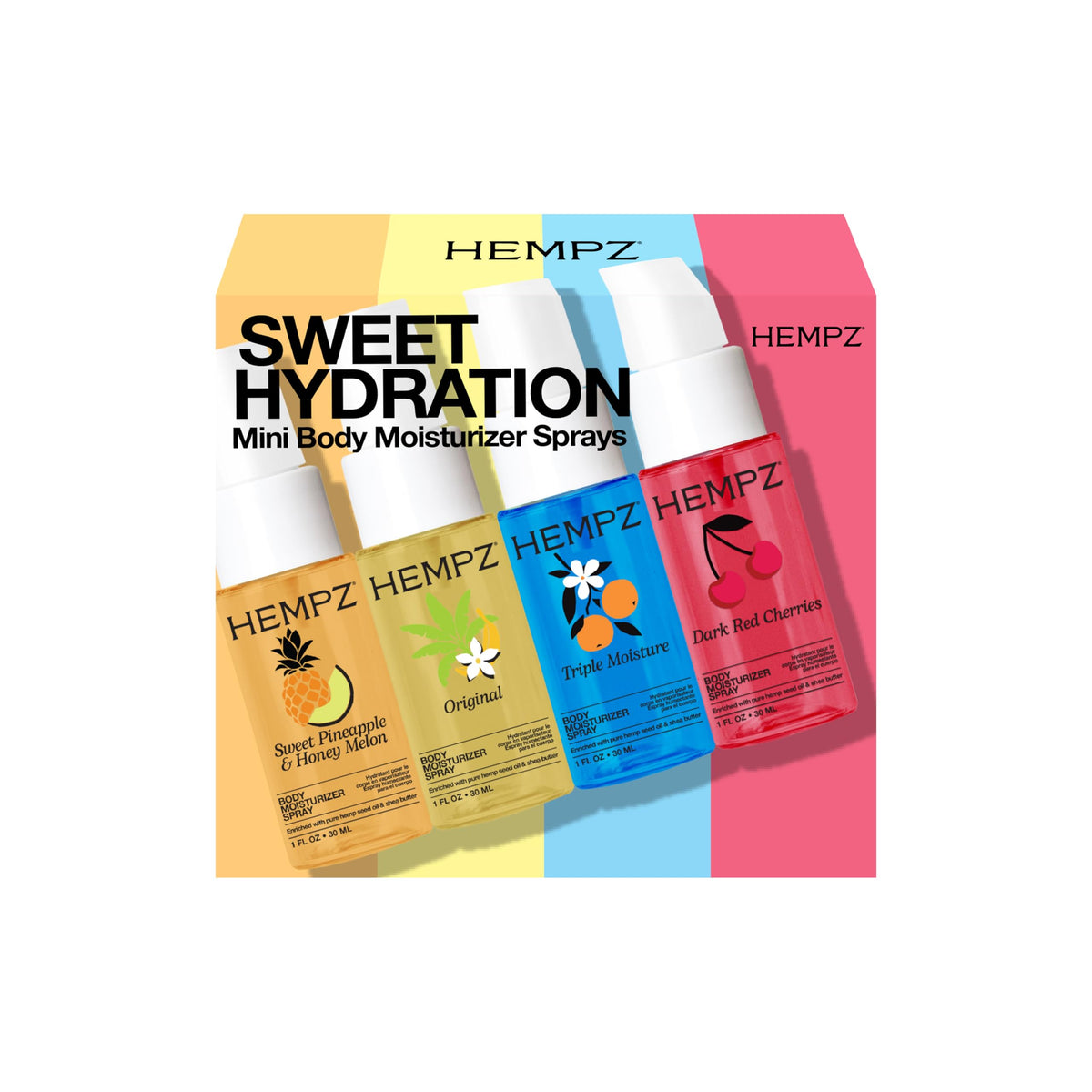 Hempz mini sprays front packaging showing four 1 oz bottles and benefits