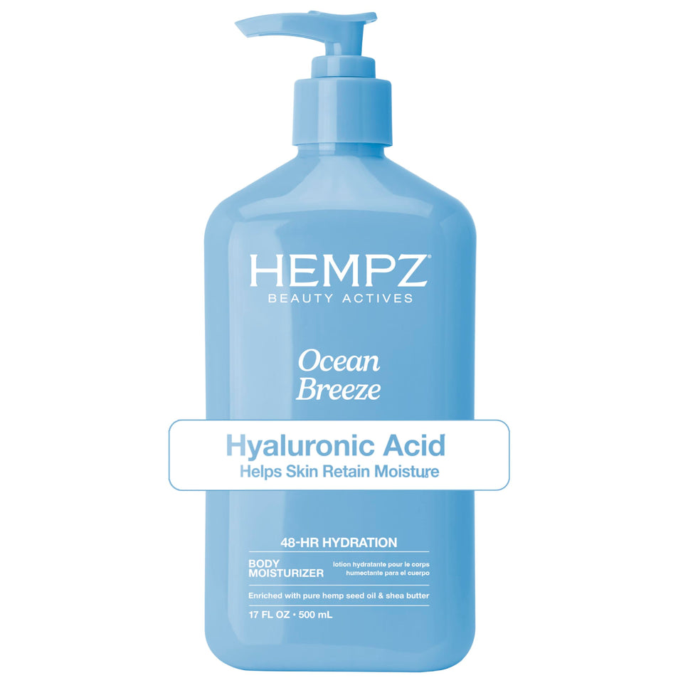 Hempz Ocean Breeze front packaging showing 17 fl oz bottle and logo benefits