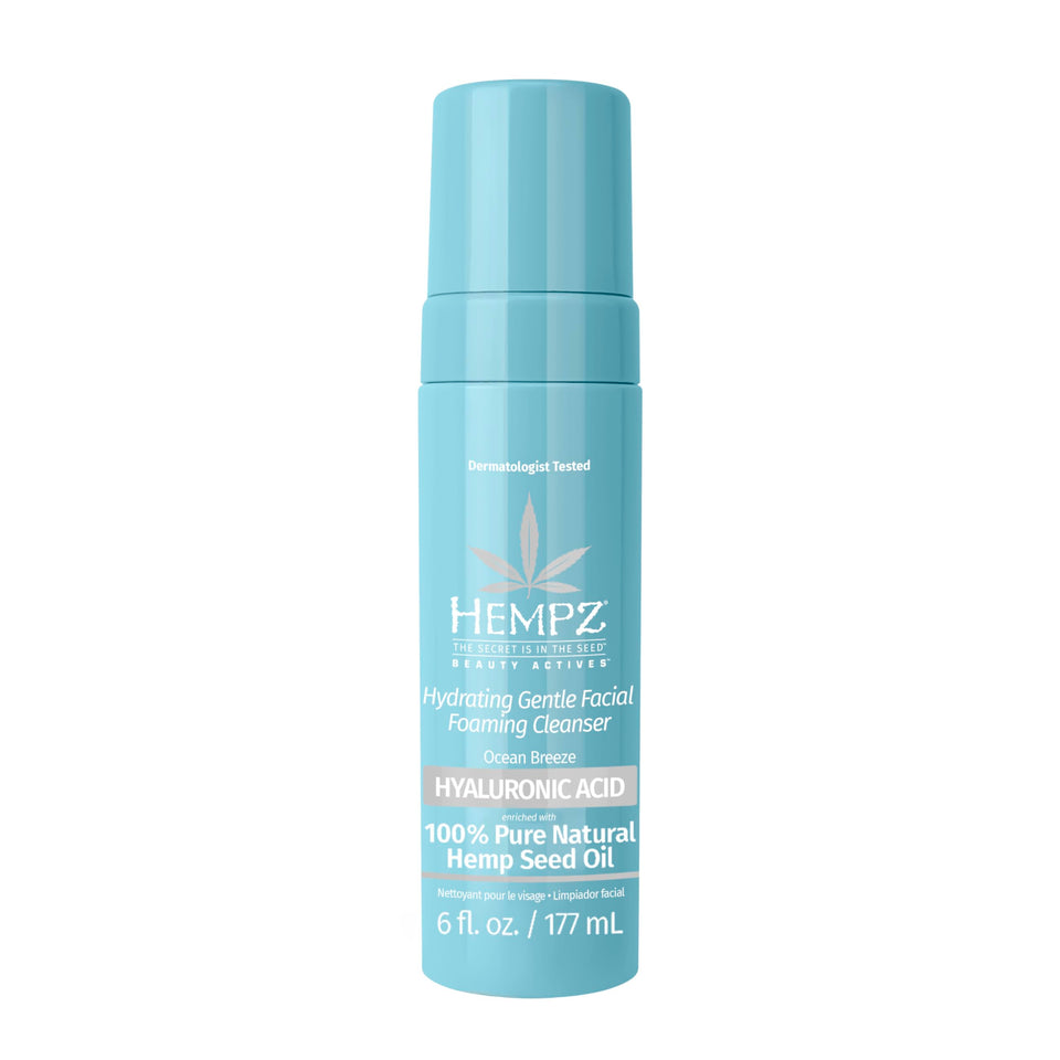 Hempz front packaging of Ocean Breeze foaming facial cleanser showing 6 oz bottle and label benefit