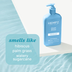 Hempz Ocean Breeze natural ingredient arrangement featuring hemp seed and aloe