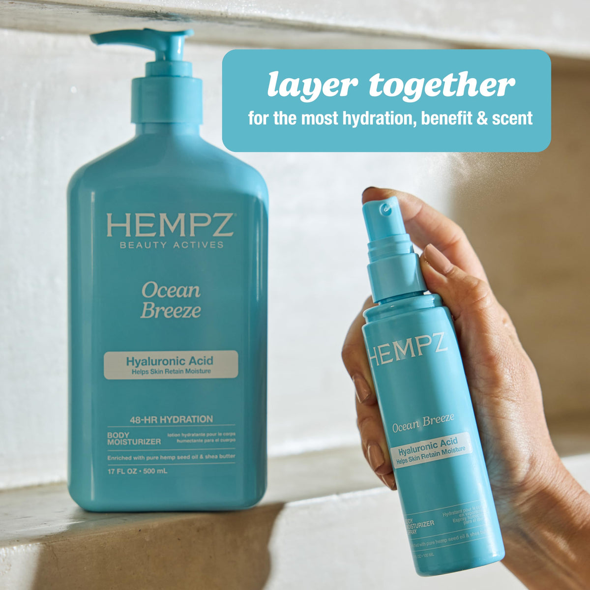 Hempz Ocean Breeze label close-up showing ingredient highlights and claims