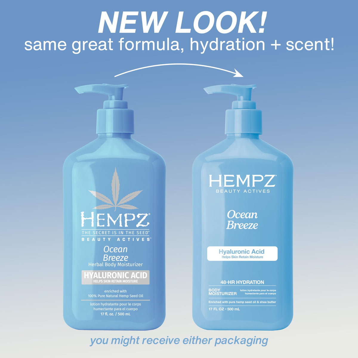 Hempz Ocean Breeze lotion texture swipe showing creamy, fast-absorbing finish