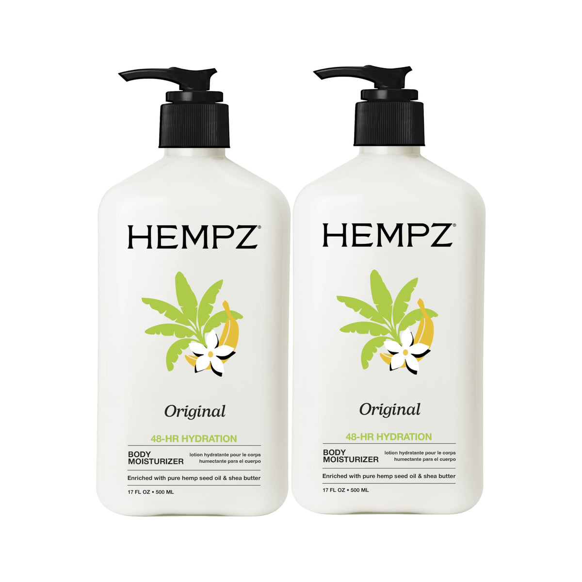 Hempz front packaging showing bottle and 2-pack, brand hydration benefit